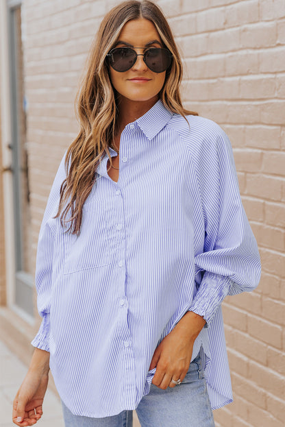 Threaded Pear Skye Smocked Cuffed Striped Boyfriend Shirt with Pocket