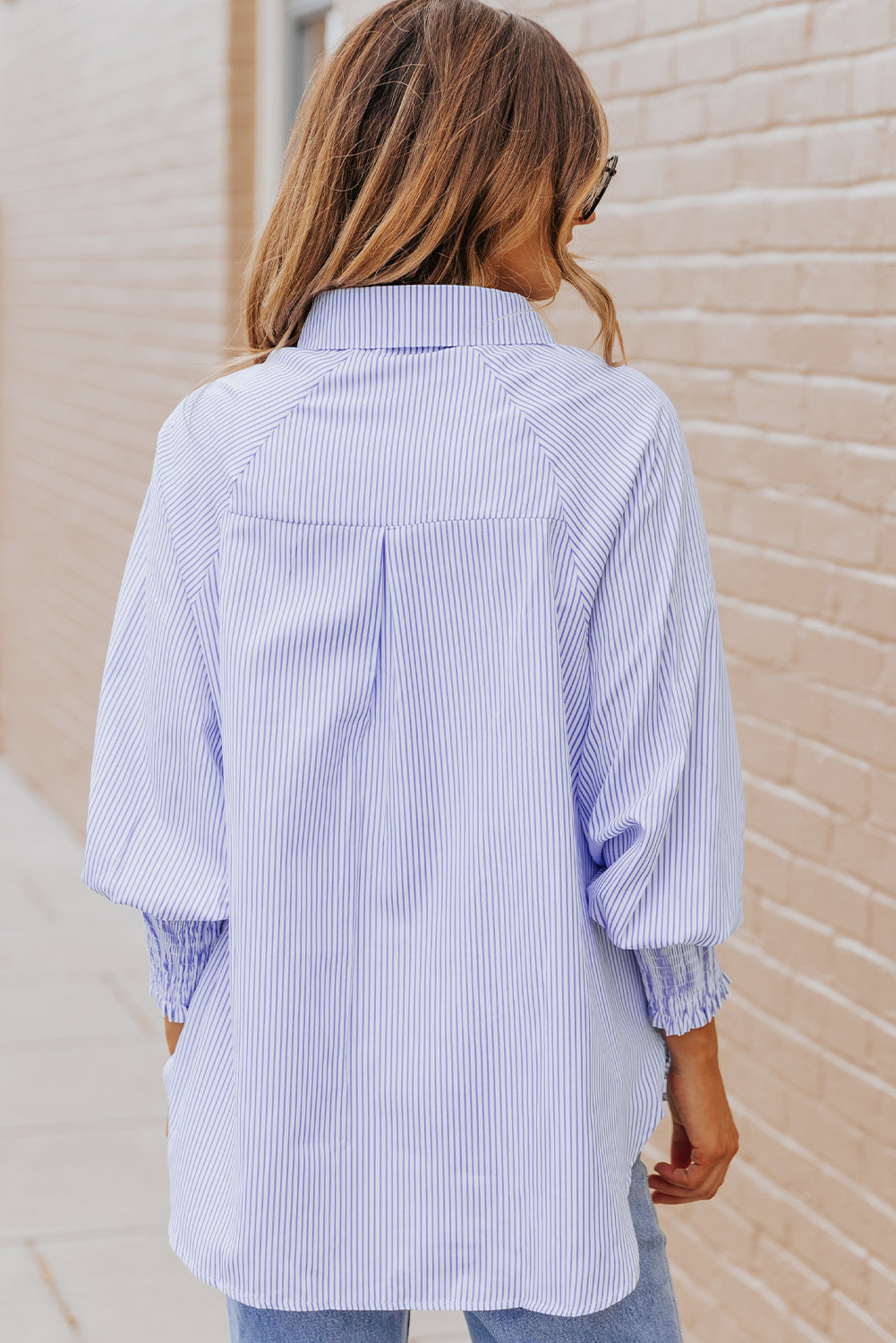 Threaded Pear Skye Smocked Cuffed Striped Boyfriend Shirt with Pocket