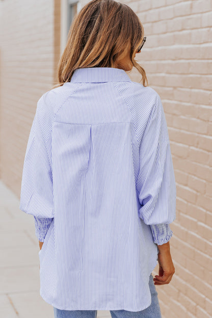 Threaded Pear Skye Smocked Cuffed Striped Boyfriend Shirt with Pocket