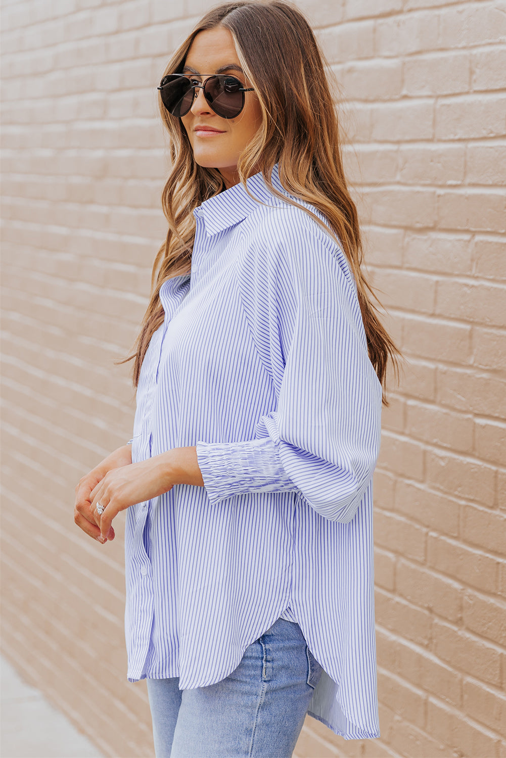 Threaded Pear Skye Smocked Cuffed Striped Boyfriend Shirt with Pocket