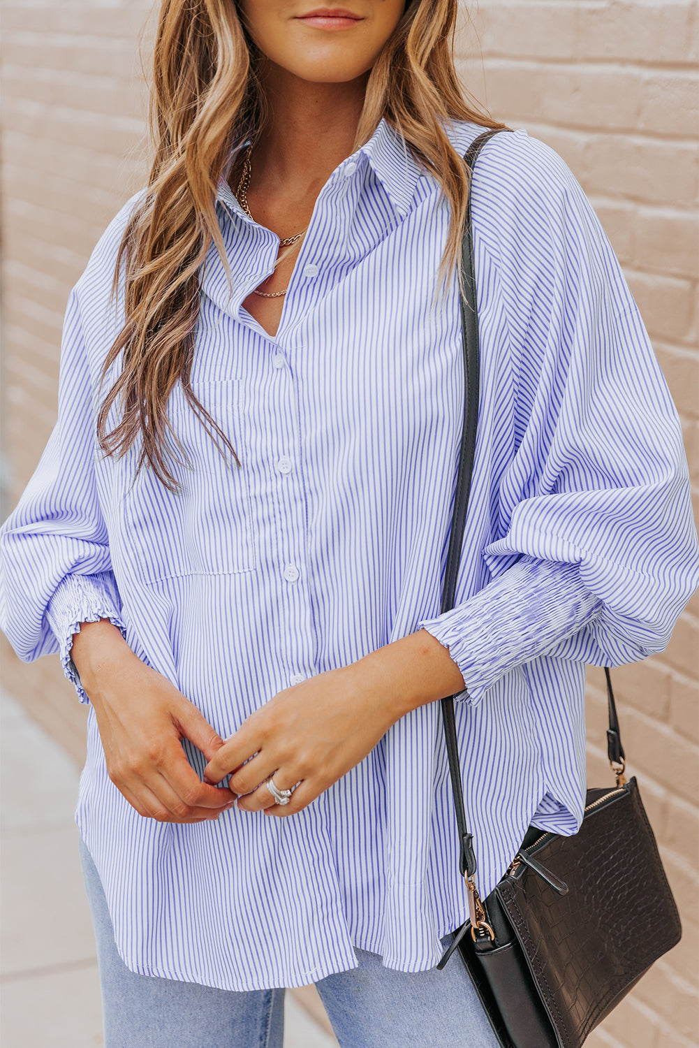 Threaded Pear Skye Smocked Cuffed Striped Boyfriend Shirt with Pocket