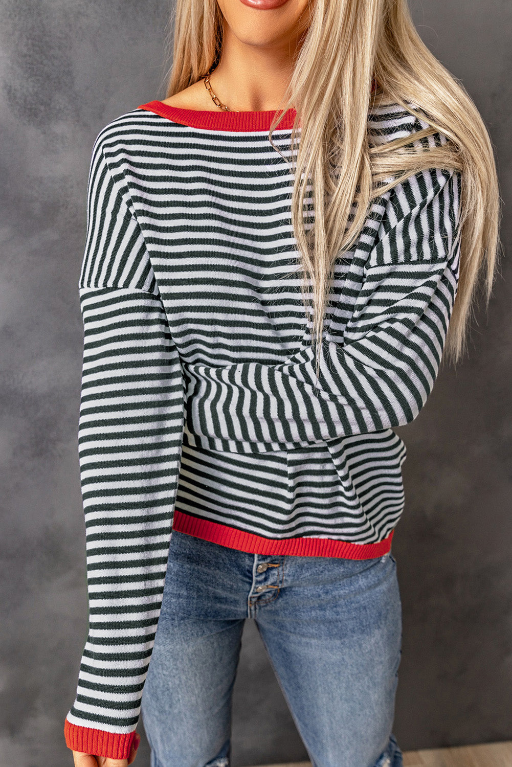 Madelynn Striped Drop Shoulder Sweater - Threaded Pear