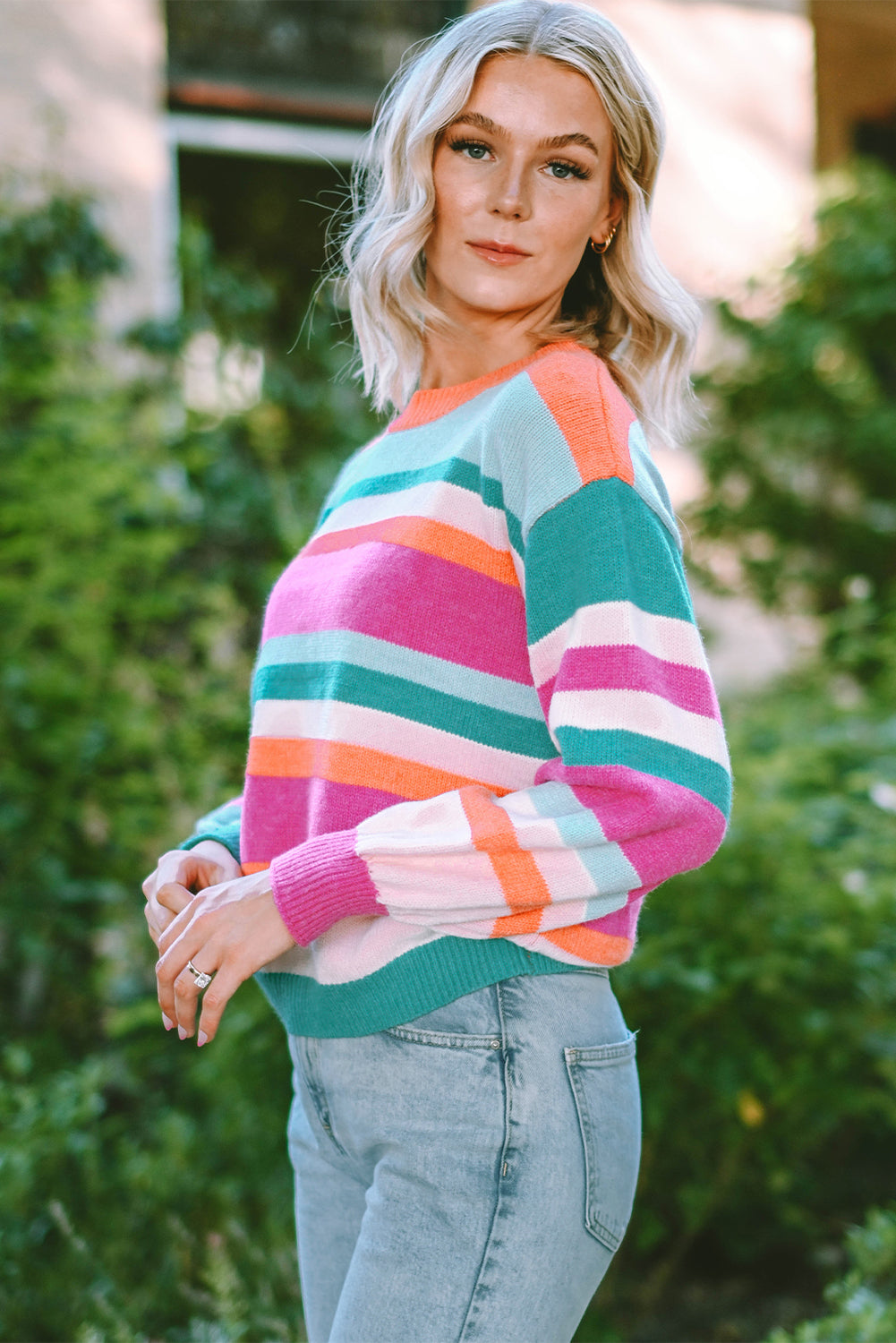 Threaded Pear Ivy Knit Drop Shoulder Puff Sleeve Sweater