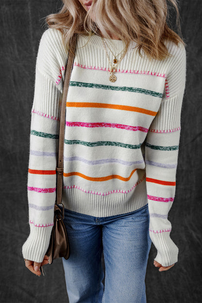 Threaded Pear Sophia Striped Ribbed Trim Sweater
