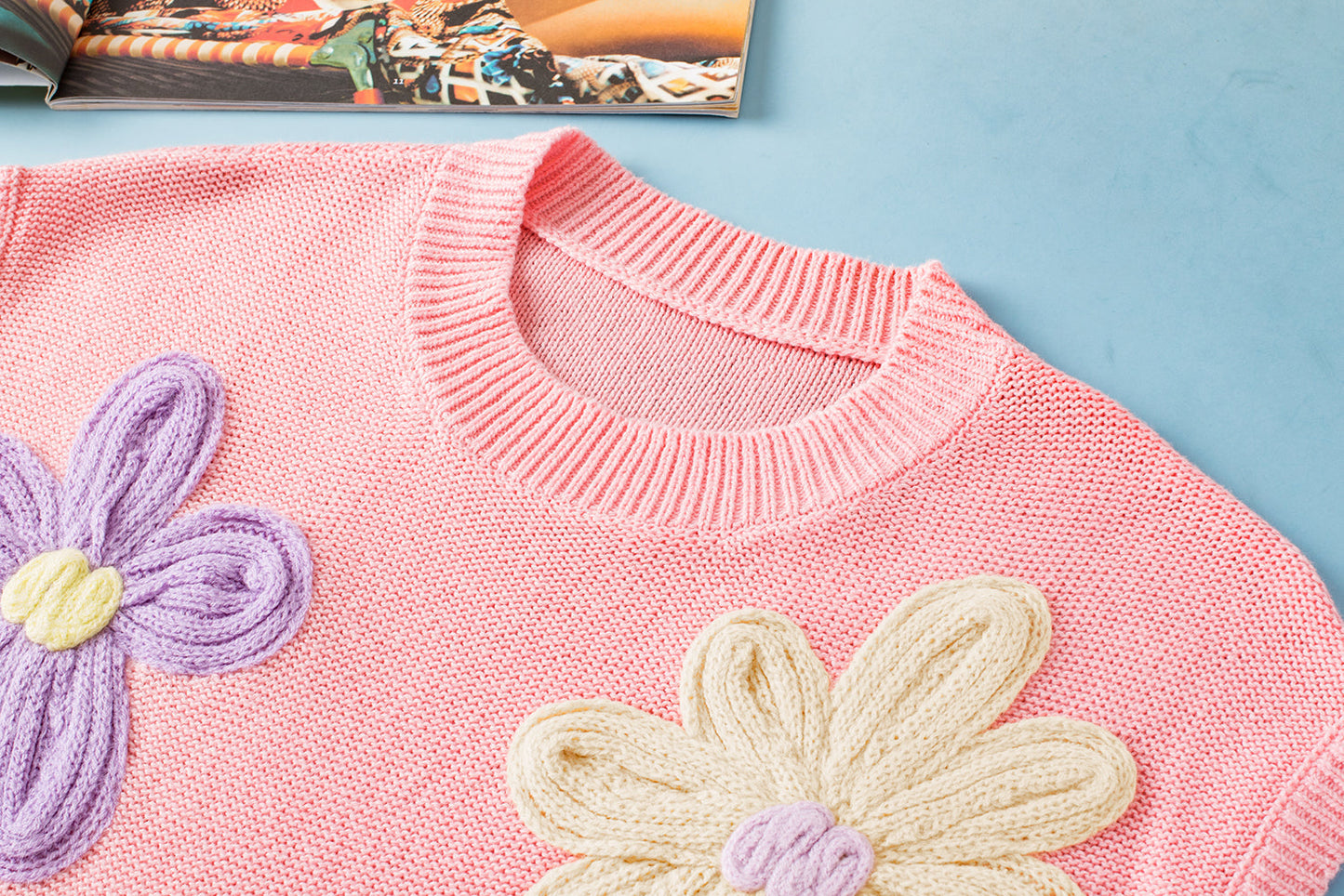 Threaded Pear Hannah Crochet Flower Knit Short Sleeve Sweater Top