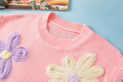 Threaded Pear Hannah Crochet Flower Knit Short Sleeve Sweater Top