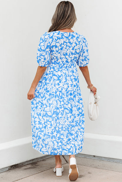 Stacey-Sky Blue Floral V Neck Puff Short Sleeve Flowy Long Dress