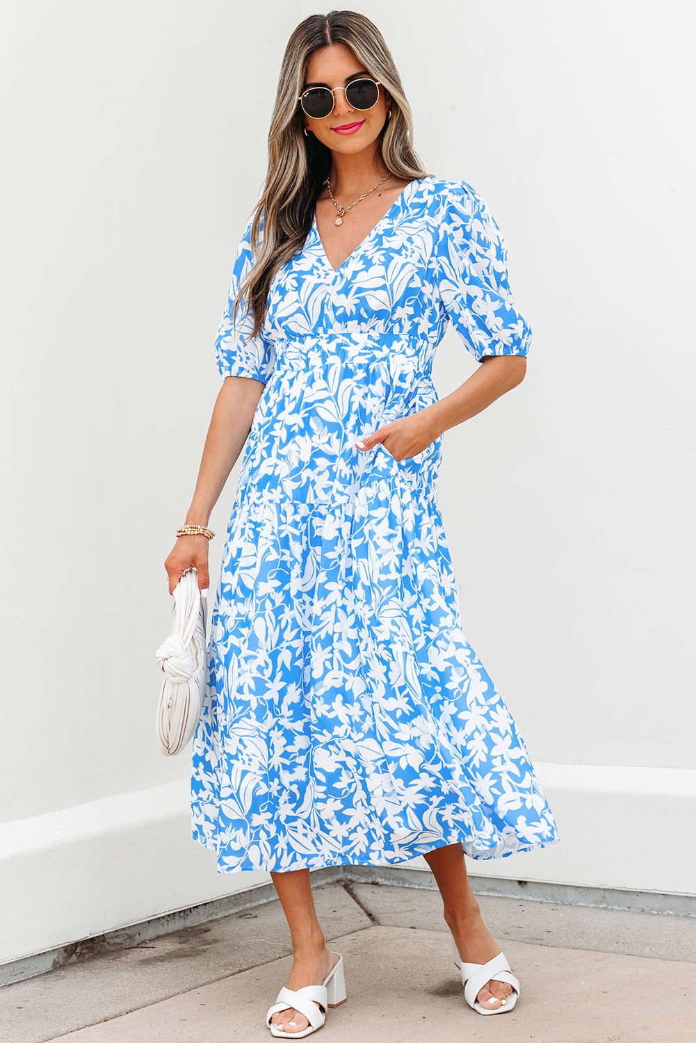 Stacey-Sky Blue Floral V Neck Puff Short Sleeve Flowy Long Dress SMALL