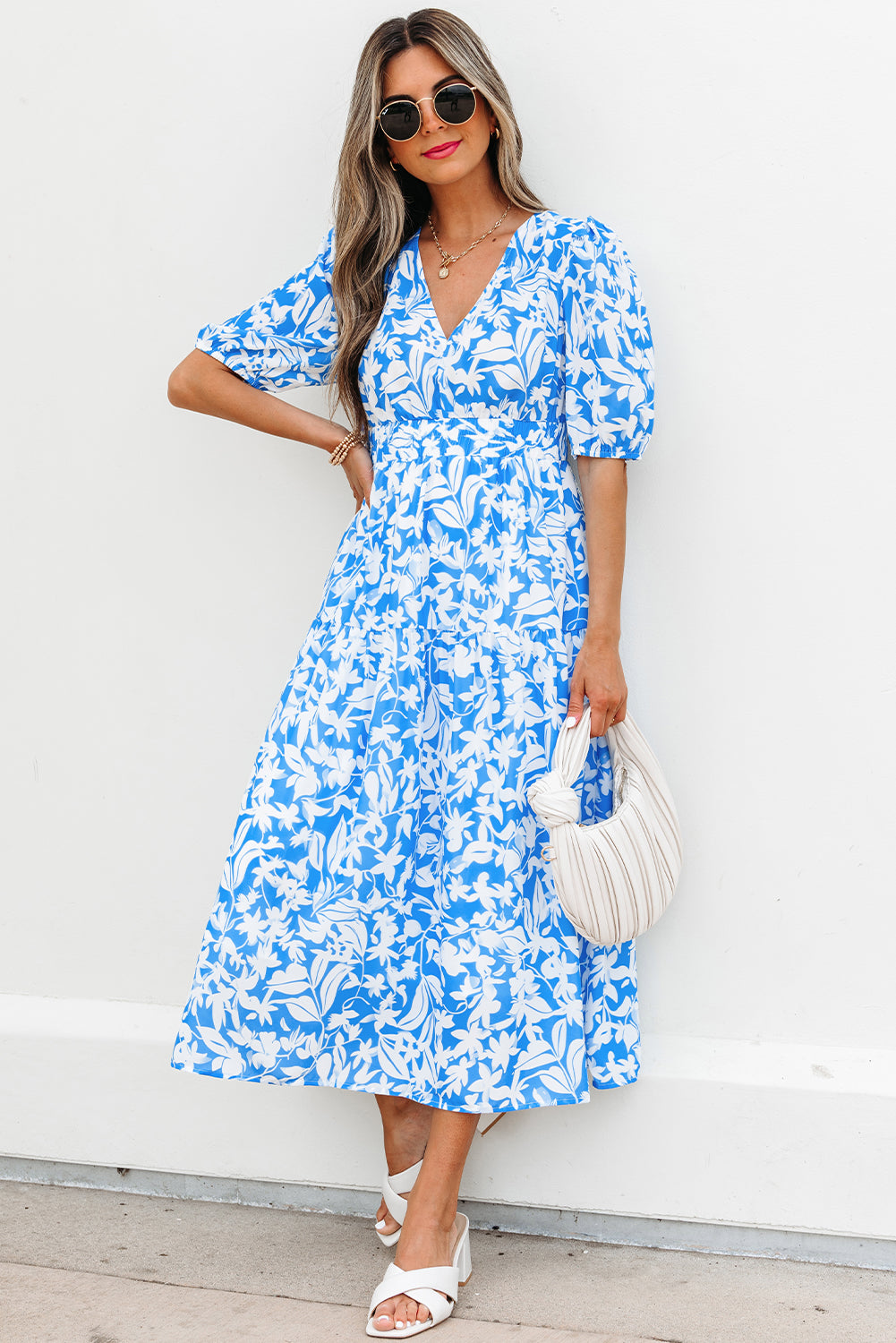 Stacey-Sky Blue Floral V Neck Puff Short Sleeve Flowy Long Dress