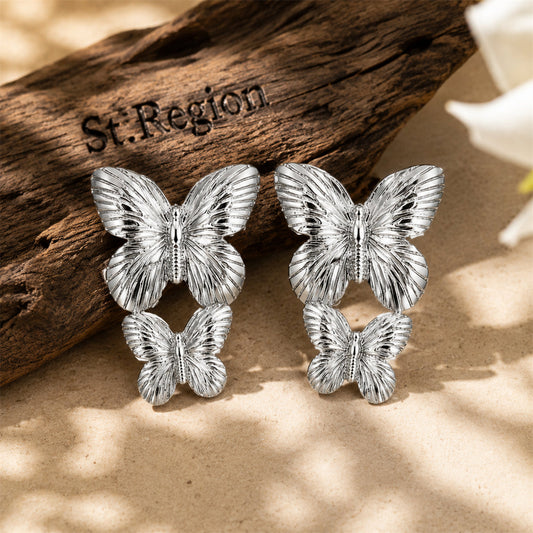 Silvertone Double-Butterfly Dangle Earrings