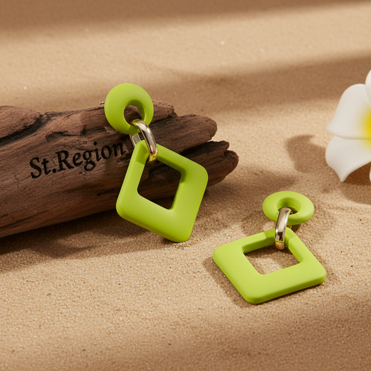 Light Green Enamel & Goldtone Open Rhombus Drop Earrings