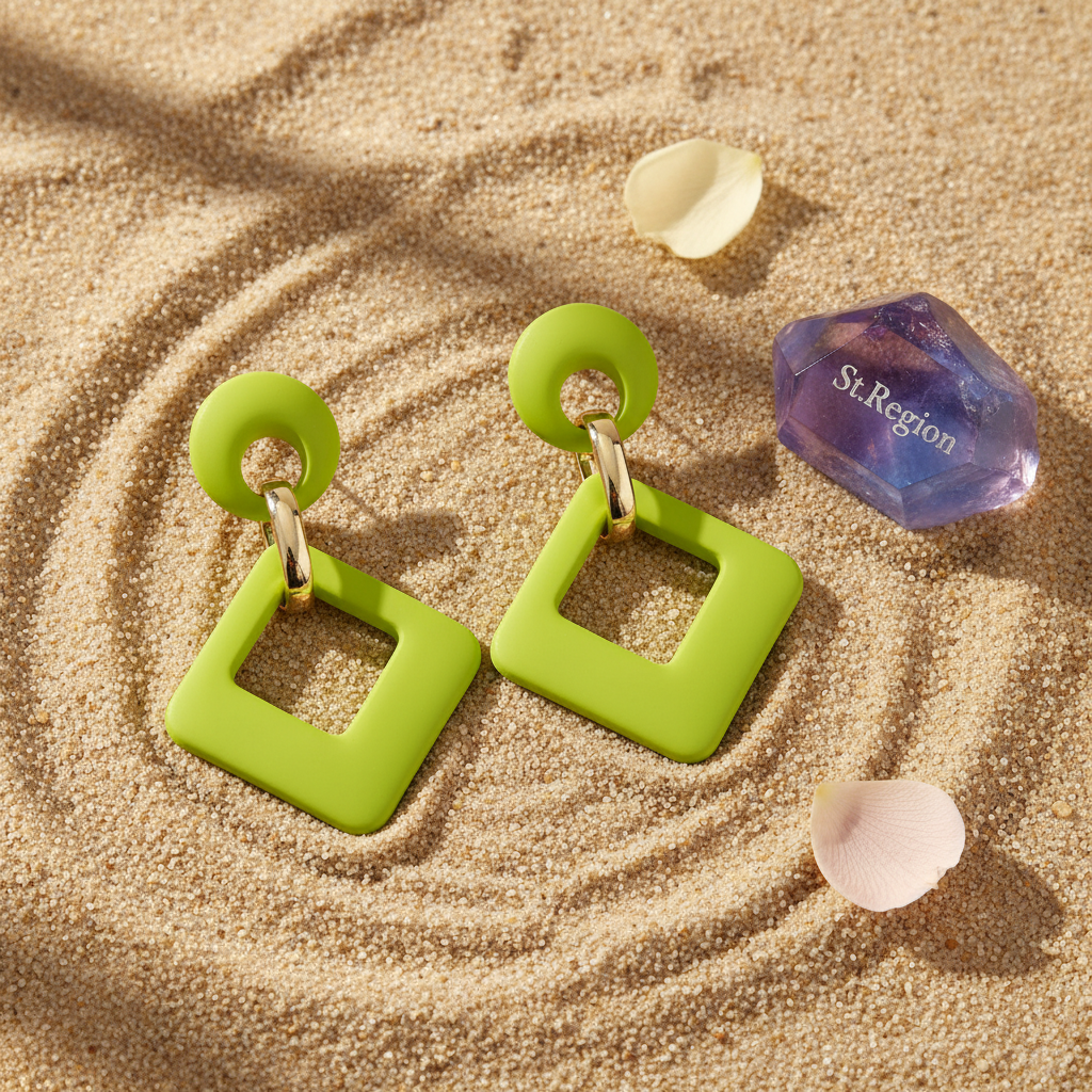 Light Green Enamel & Goldtone Open Rhombus Drop Earrings
