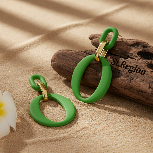 Light Green Enamel & Goldtone Openwork Oval Drop Earrings