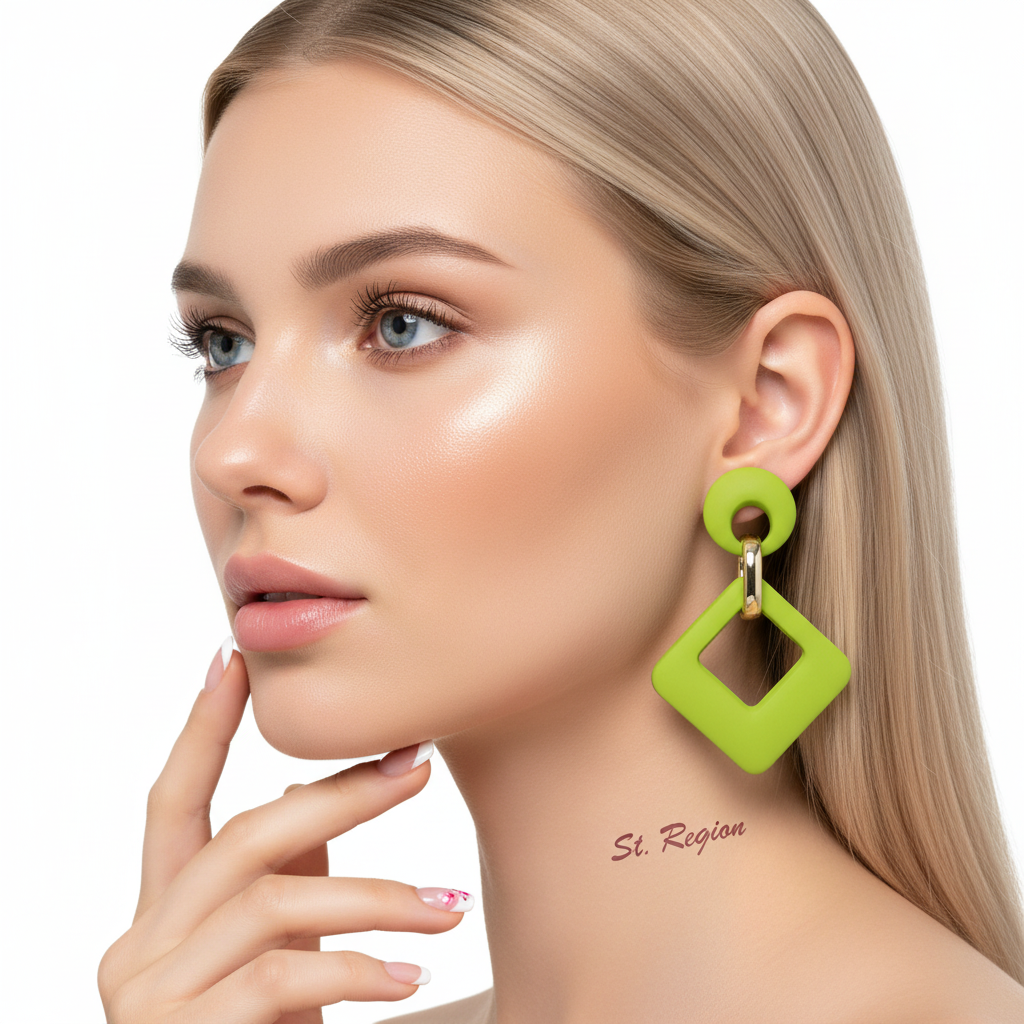 Light Green Enamel & Goldtone Open Rhombus Drop Earrings
