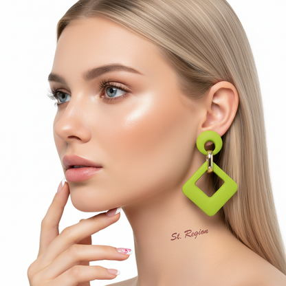 Light Green Enamel & Goldtone Open Rhombus Drop Earrings