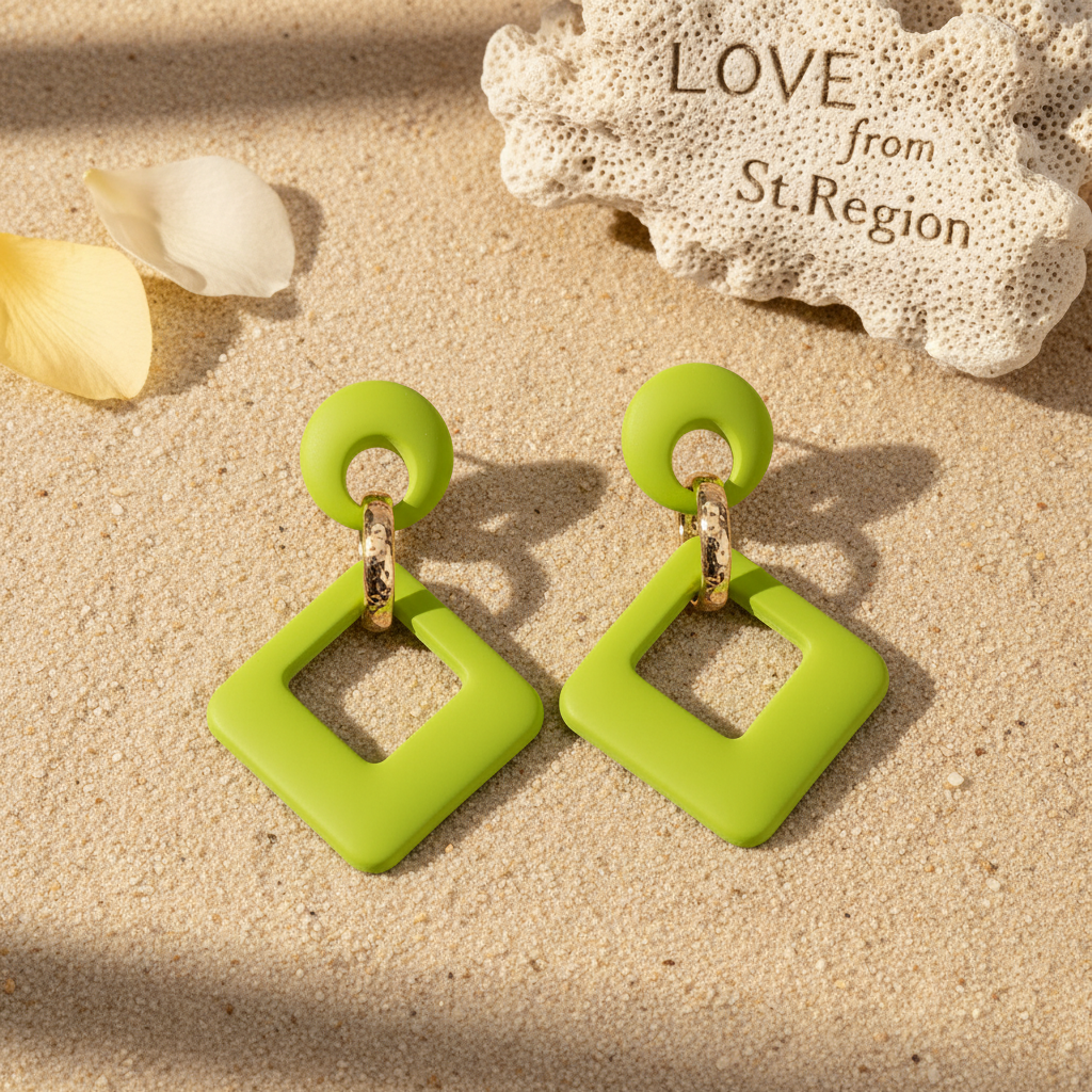 Light Green Enamel & Goldtone Open Rhombus Drop Earrings