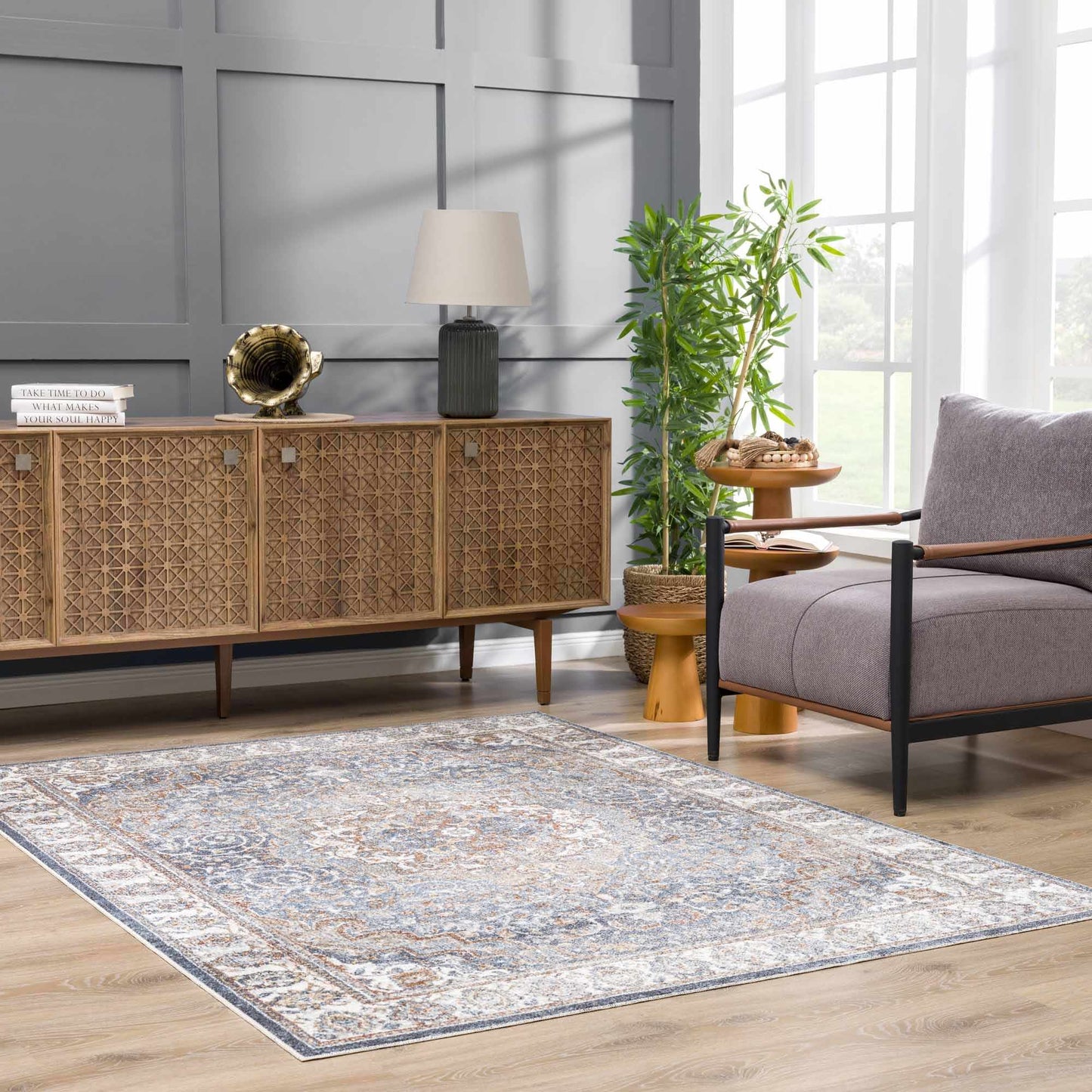 Aurum Blue & Beige Washable Area Rug - Clearance