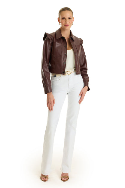 Chantal Ruffle Sleeve Leather Jacket - Espresso