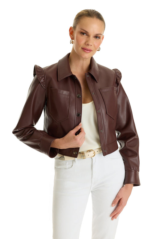 Chantal Ruffle Sleeve Leather Jacket - Espresso