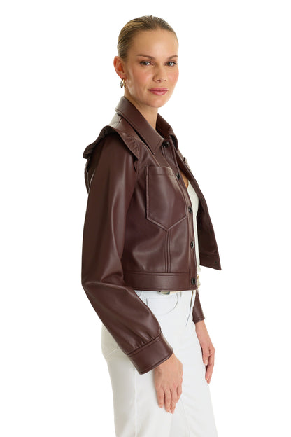 Chantal Ruffle Sleeve Leather Jacket - Espresso
