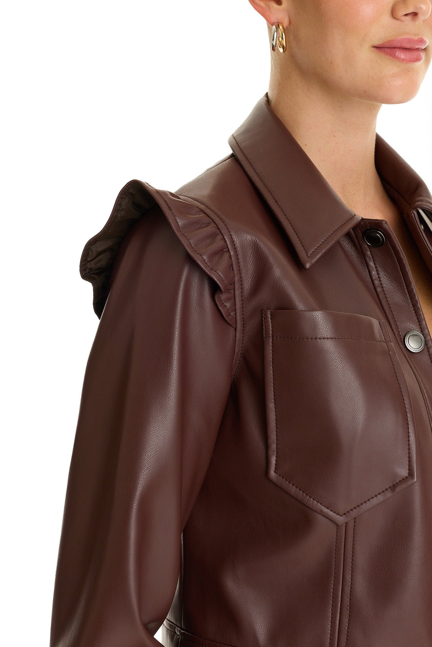 Chantal Ruffle Sleeve Leather Jacket - Espresso