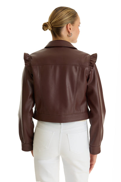 Chantal Ruffle Sleeve Leather Jacket - Espresso