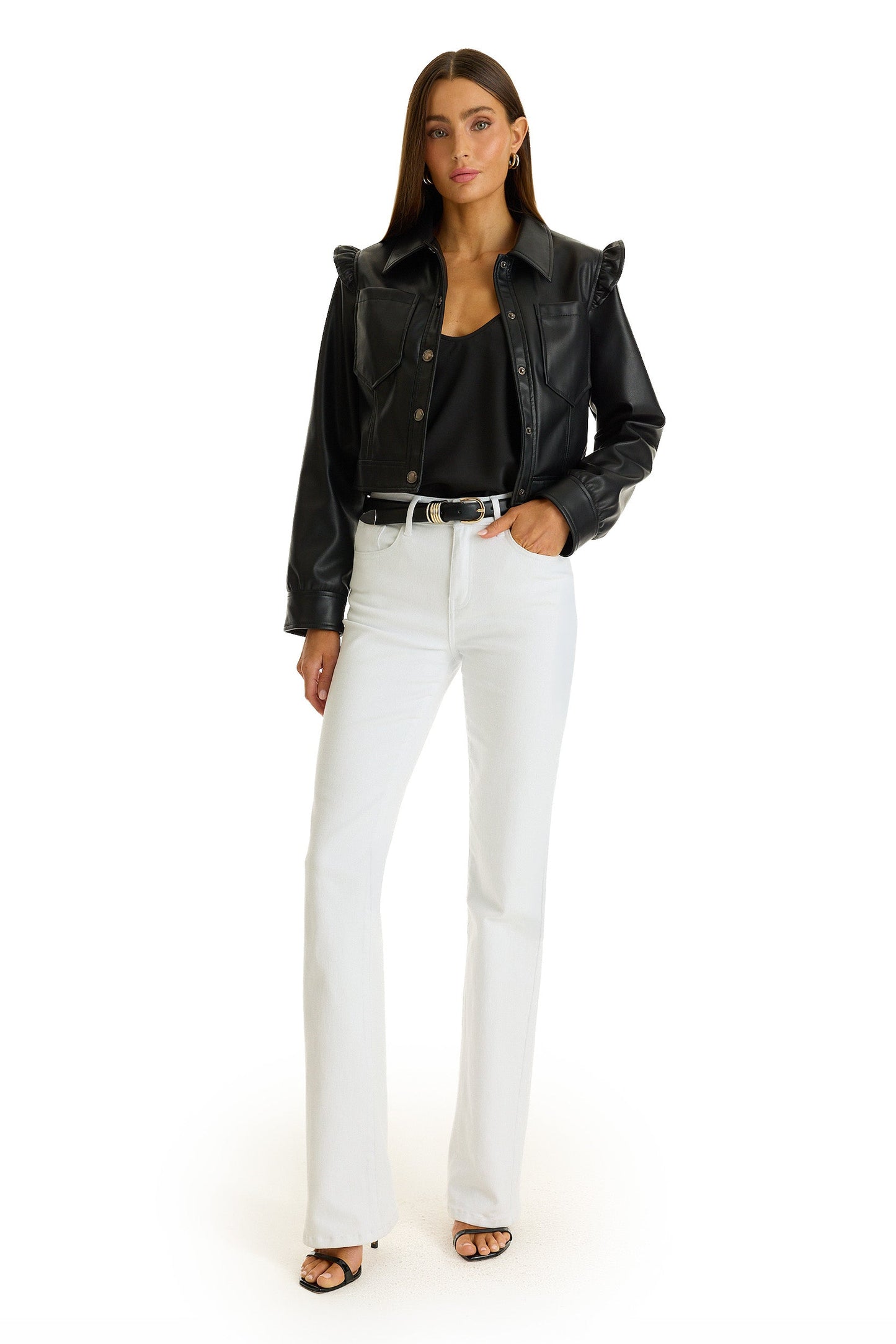 Chantal Ruffle Sleeve Leather Jacket - Black