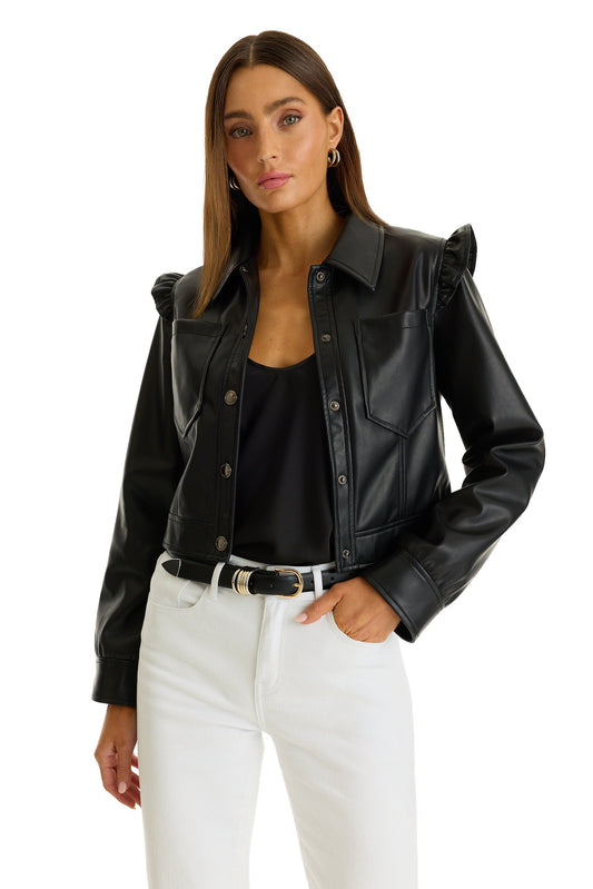 Chantal Ruffle Sleeve Leather Jacket - Black
