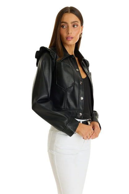 Chantal Ruffle Sleeve Leather Jacket - Black
