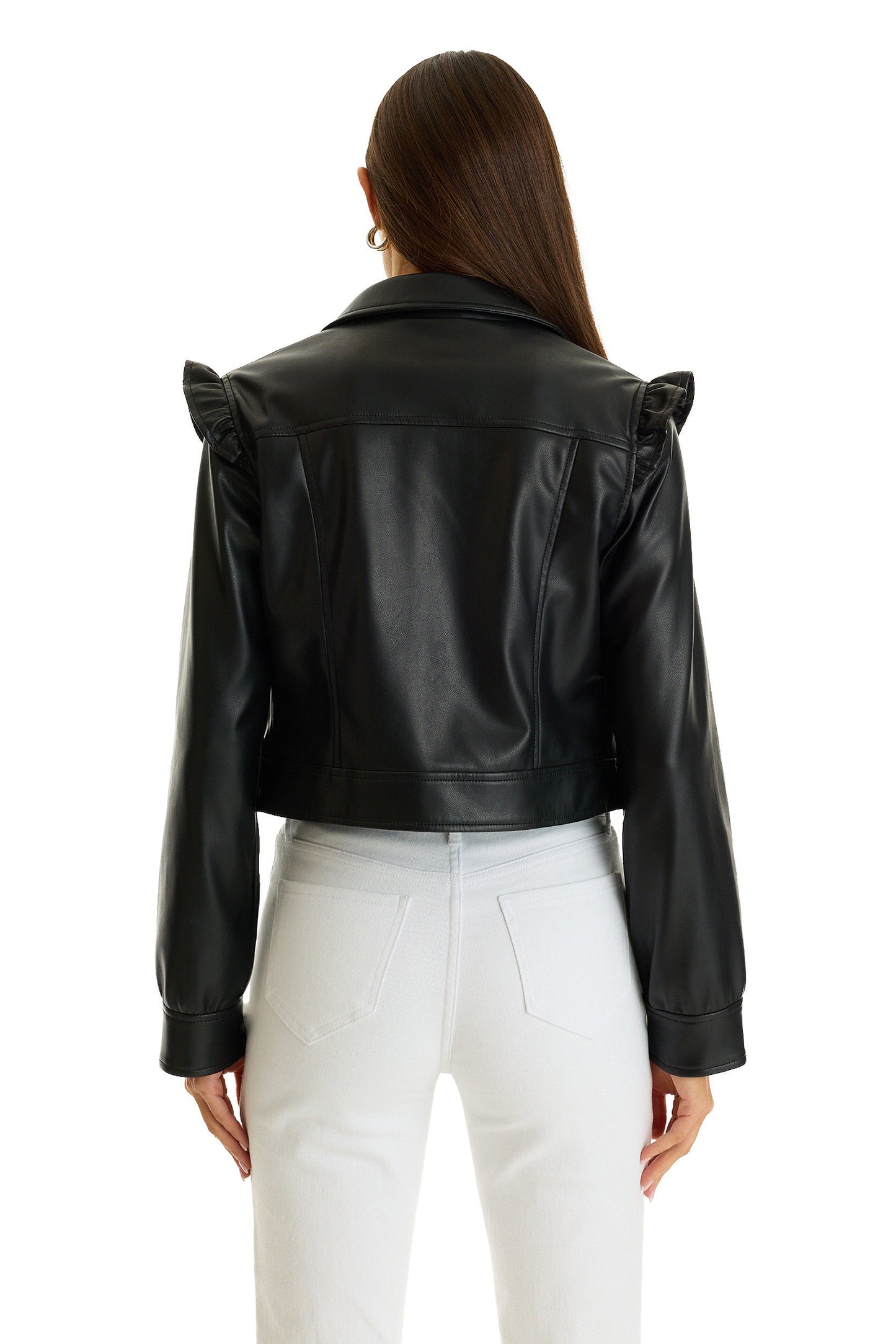 Chantal Ruffle Sleeve Leather Jacket - Black