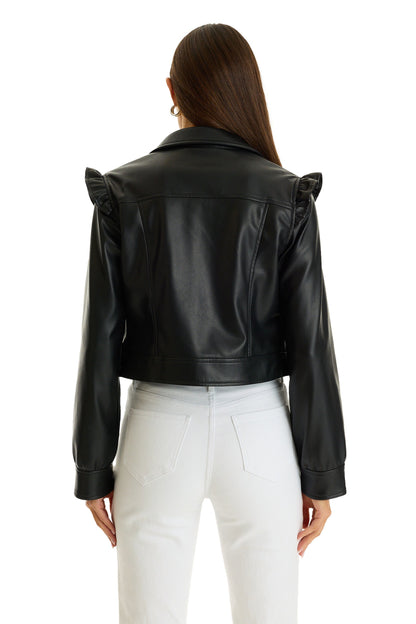 Chantal Ruffle Sleeve Leather Jacket - Black