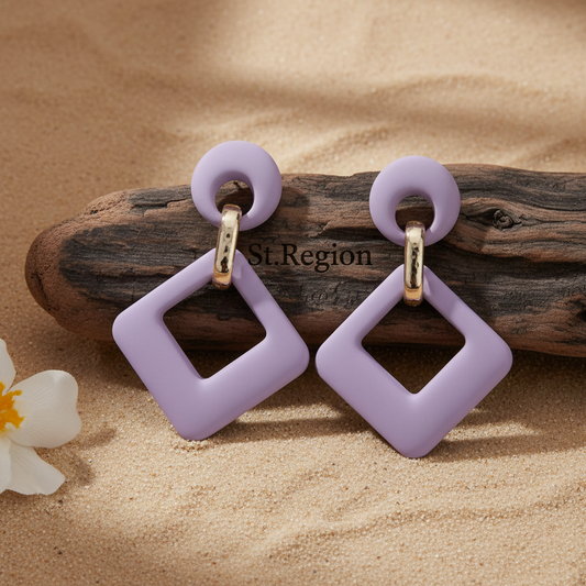 Light Purple Enamel & Goldtone Open Rhombus Drop Earrings