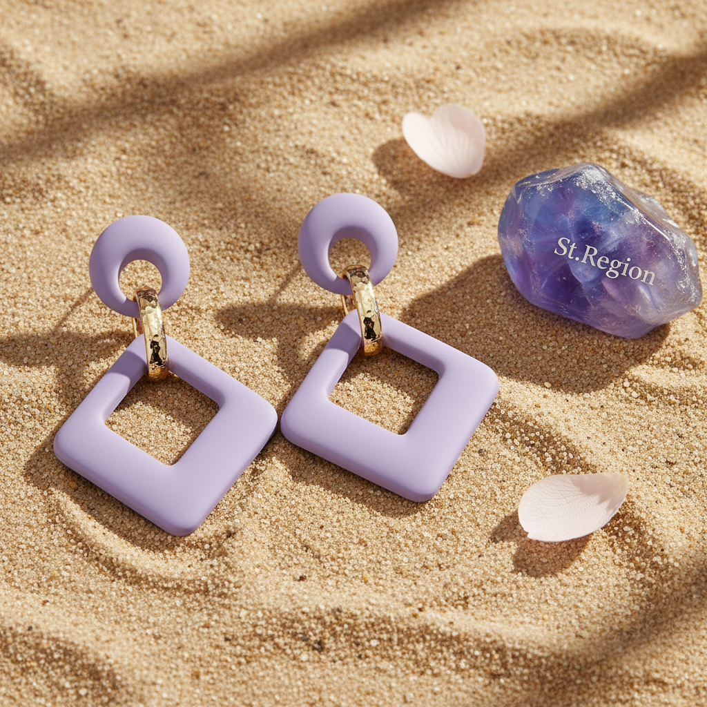 Light Purple Enamel & Goldtone Open Rhombus Drop Earrings