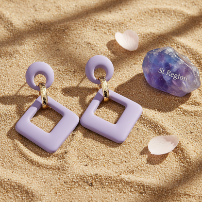 Light Purple Enamel & Goldtone Open Rhombus Drop Earrings