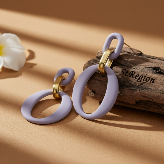 Light Purple Enamel & Goldtone Openwork Oval Drop Earrings