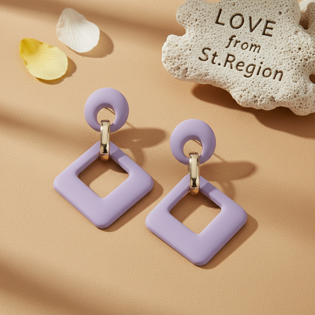 Light Purple Enamel & Goldtone Open Rhombus Drop Earrings