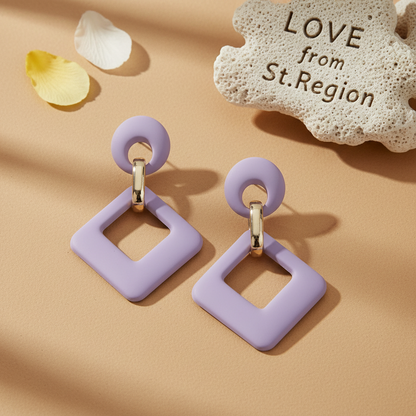 Light Purple Enamel & Goldtone Open Rhombus Drop Earrings