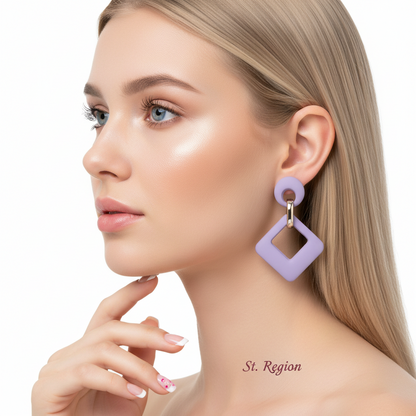 Light Purple Enamel & Goldtone Open Rhombus Drop Earrings