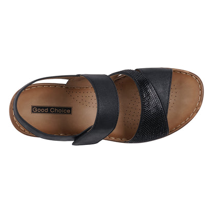Women's Lux Black Embellished Velcro Wedge Sandals