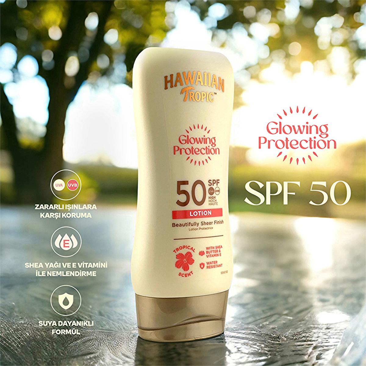 Hawaiian Tropic Glowing Protection SPF 50 Sunscreen Lotion - UVA/UVB, Vegan & Cruelty-Free, Moisturizing - 6.09 fl oz