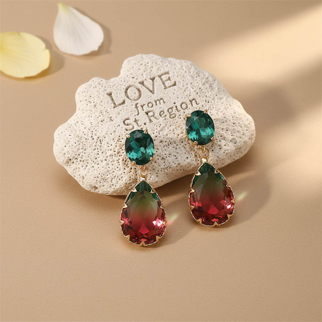 Green & Red Crystal Ombré Tiered Pear-Cut Drop Earrings