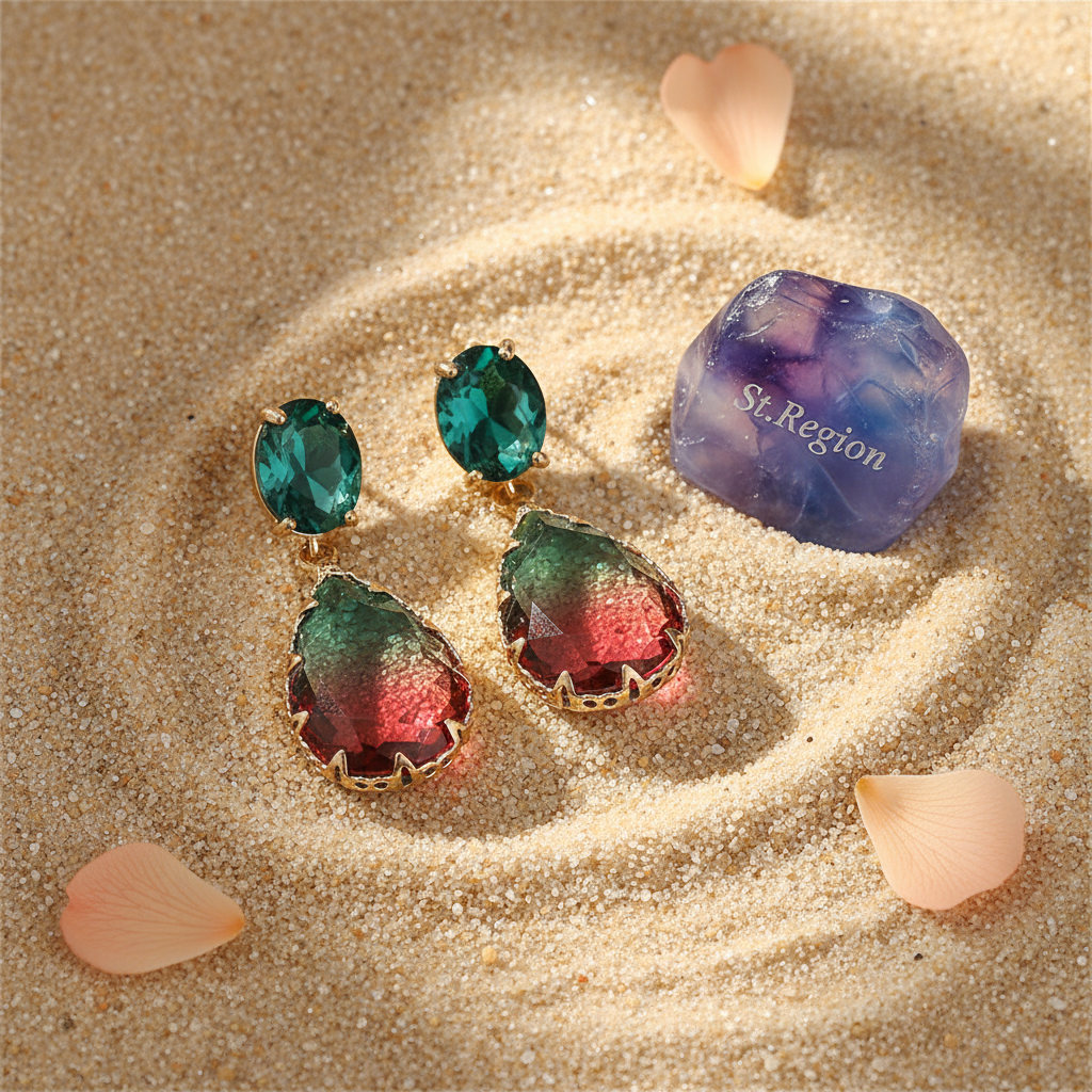 Green & Red Crystal Ombré Tiered Pear-Cut Drop Earrings