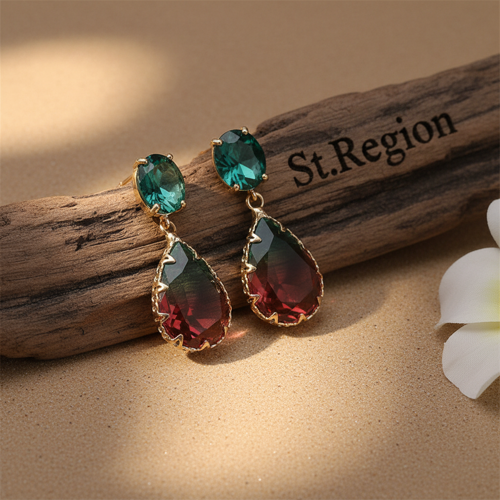 Green & Red Crystal Ombré Tiered Pear-Cut Drop Earrings