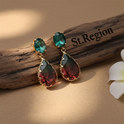 Green & Red Crystal Ombré Tiered Pear-Cut Drop Earrings