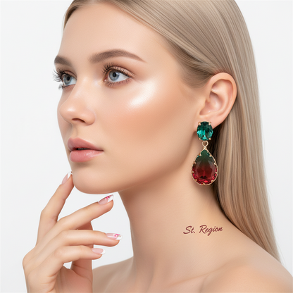 Green & Red Crystal Ombré Tiered Pear-Cut Drop Earrings