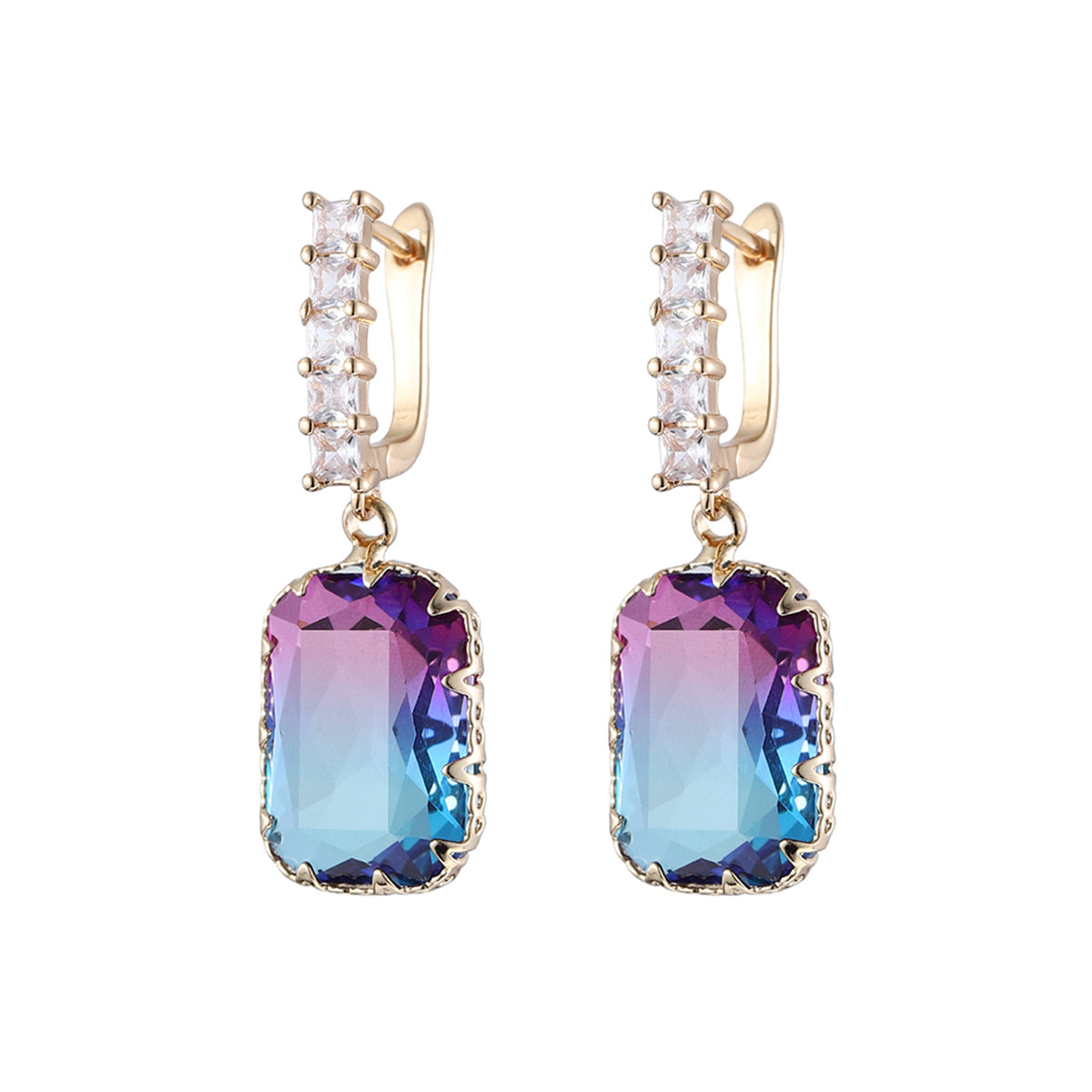 Blue & Purple Crystal Ombré Radiant-Cut Huggie Earrings