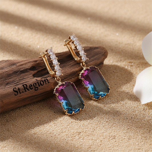 Blue & Purple Crystal Ombré Radiant-Cut Huggie Earrings