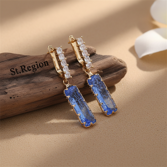 Light Blue Crystal & Goldtone Baguette Huggie Earrings