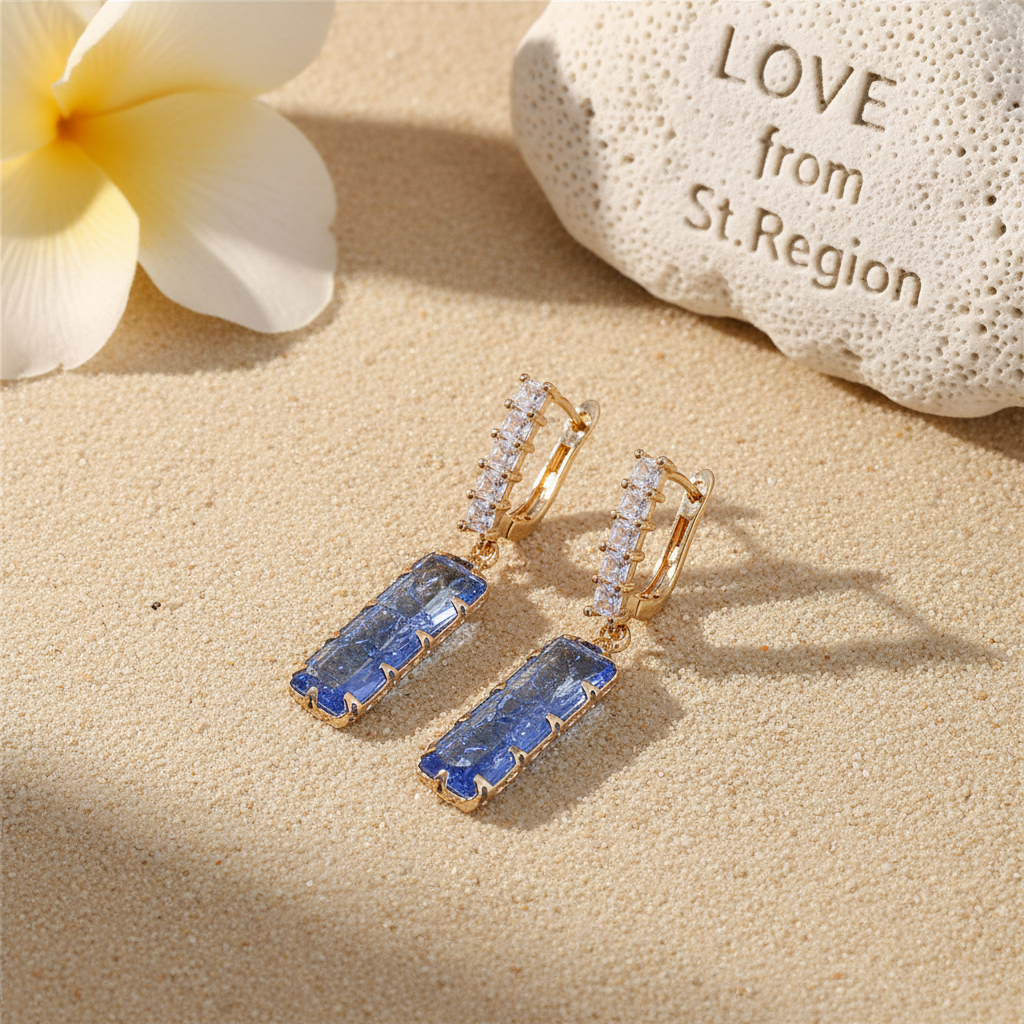 Light Blue Crystal & Goldtone Baguette Huggie Earrings