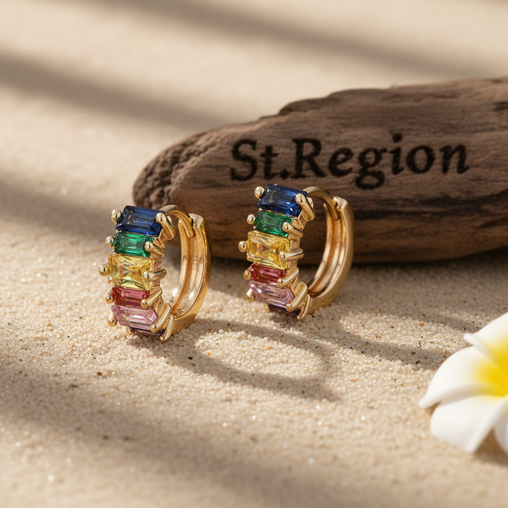 Green Multicolor Crystal & Goldtone Huggie Earrings